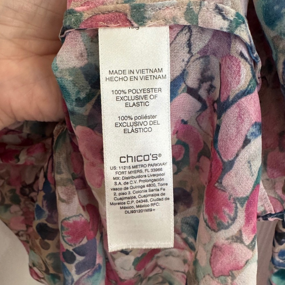 Chicos Floral Ruffle Front Blouse Pink Blue Abstract Sheer Long Sleeve Top 2 - Picture 5 of 6